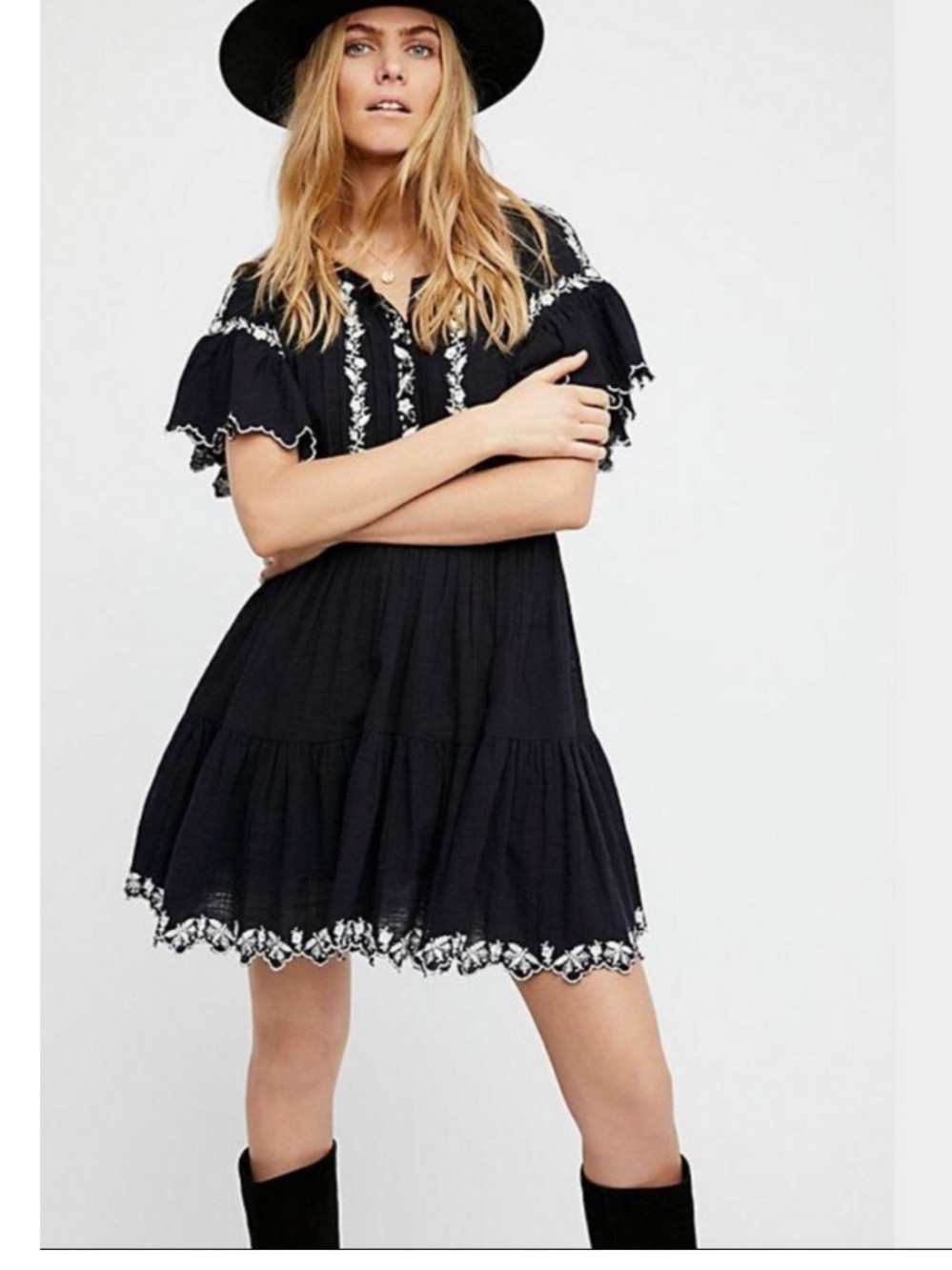 Free People Black Mini Dress with White Embroidery